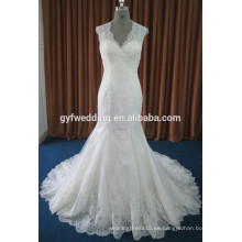 Real Image Guangzhou vestido de fábrica de cuello en V sin mangas de encaje de longitud Vestidos Appliqués Vestidos de sirena sin espalda vestidos de boda 15003